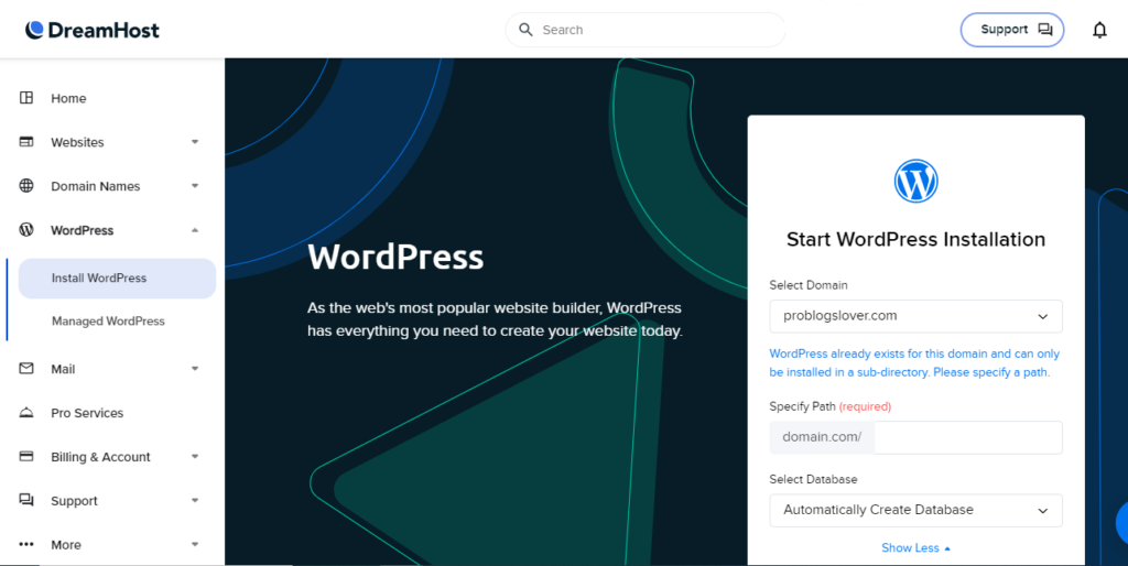DreamHost WordPress one click installer